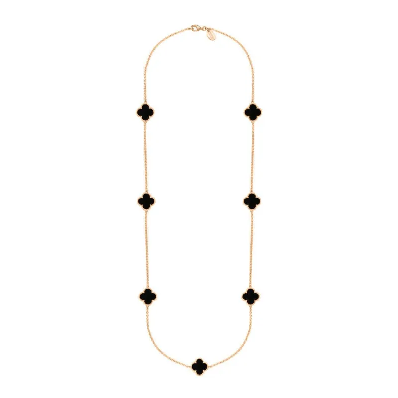 9ct Rose Gold Whitby Jet Bloom Four Leaf Clover Ball Edge Long Necklace sold by Jura Watches
