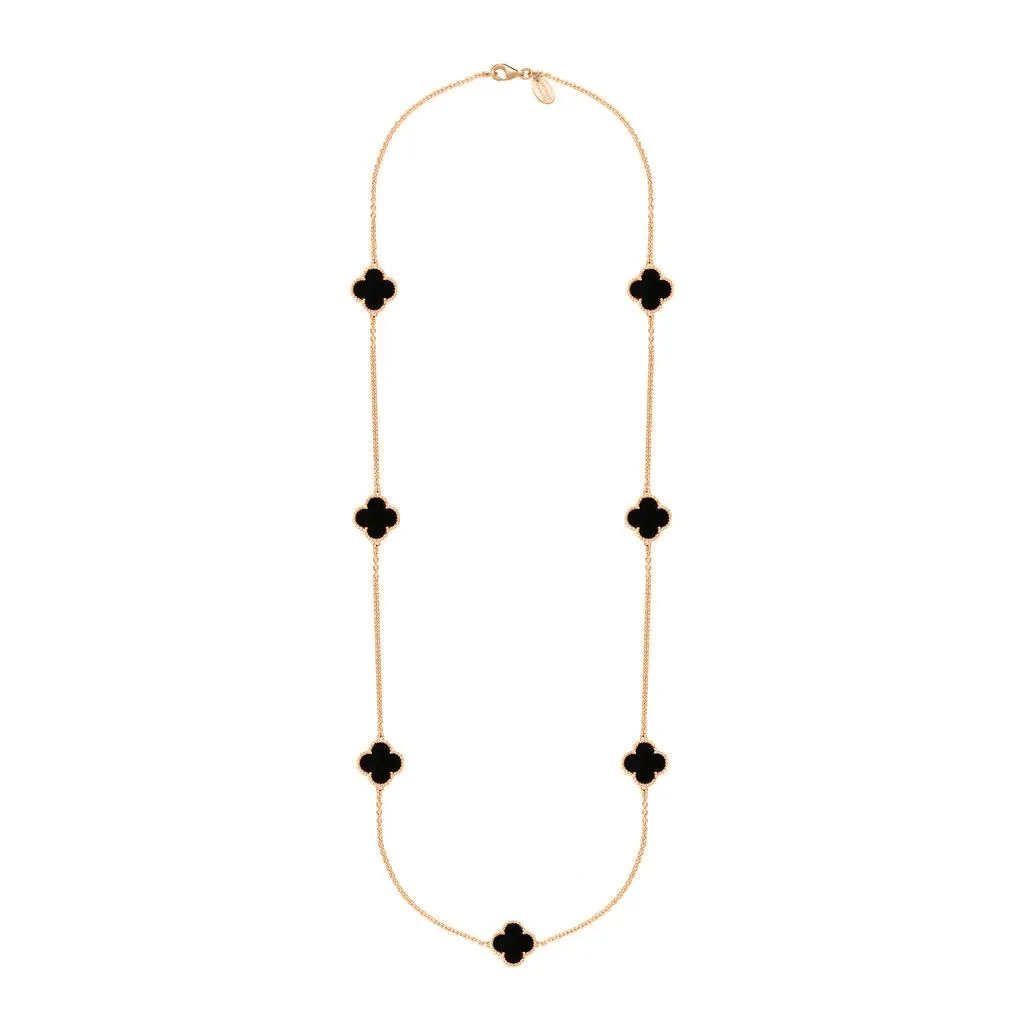 9ct Rose Gold Whitby Jet Bloom Four Leaf Clover Ball Edge Long Necklace sold by Jura Watches