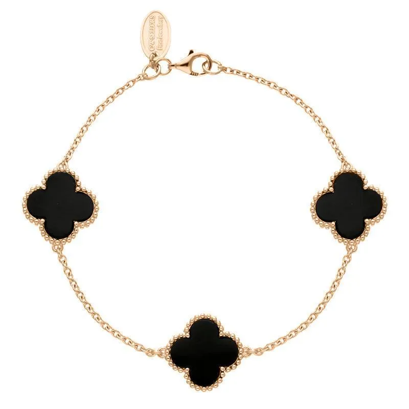 9ct Rose Gold Whitby Jet Bloom Four Leaf Clover Ball Edge Chain Bracelet sold by Jura Watches