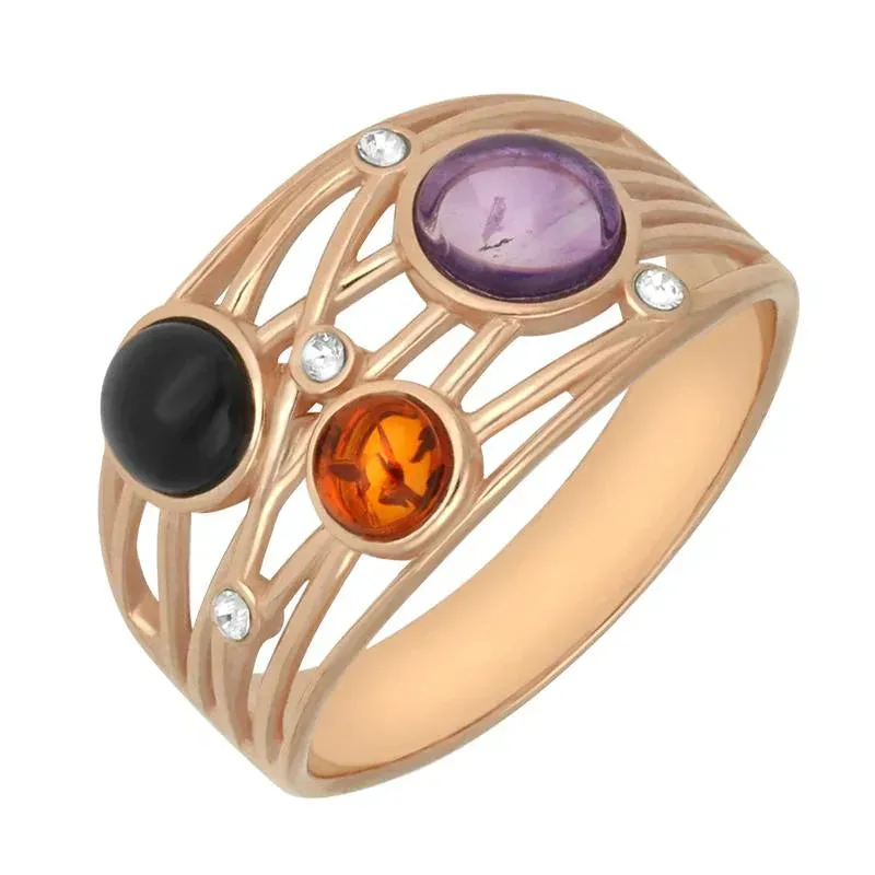 Rose Gold Plated Sterling Silver Whitby Jet Amethyst Amber Bubble Ring sold by Jura Watches