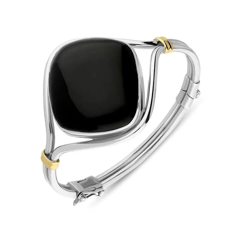 Sterling Silver 18ct Yellow Gold Whitby Jet Square Hinged Bangle sold by Jura Watches