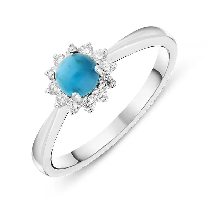 18ct White Gold Turquoise 0.18ct Diamond Flower Ring sold by Jura Watches
