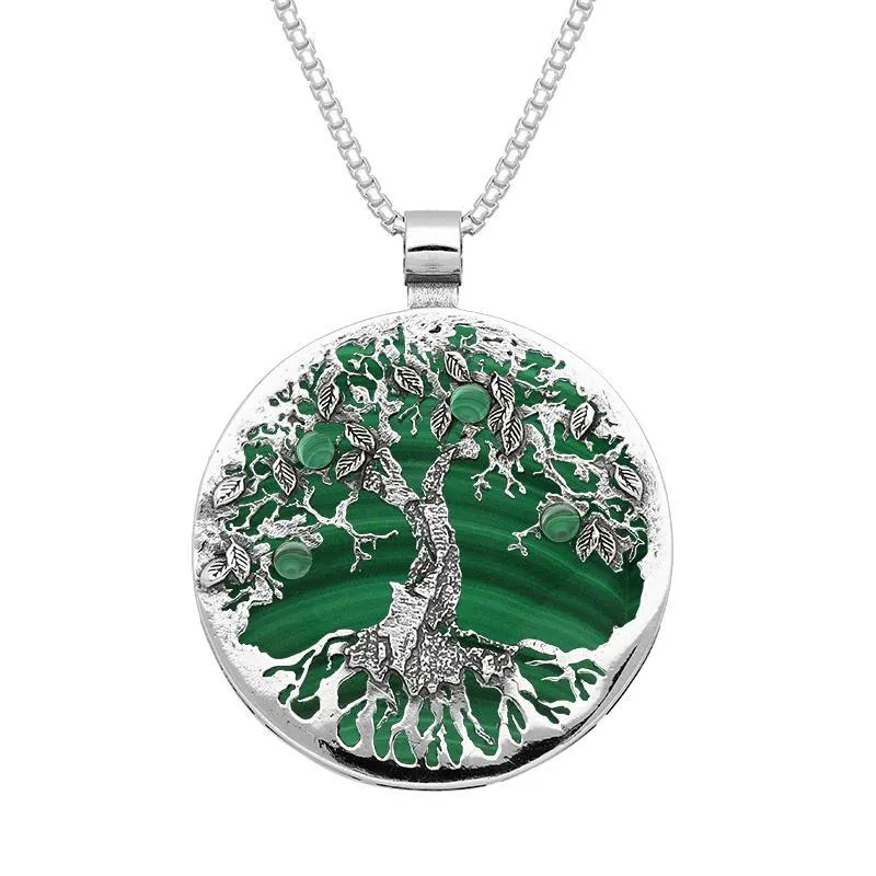 Sterling Silver Malachite Large Round Tree Of Life Necklace sold by Jura Watches