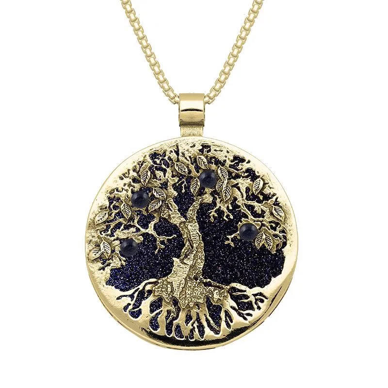 9ct Yellow Gold Blue Goldstone Large Round Tree Of Life Necklace sold by Jura Watches