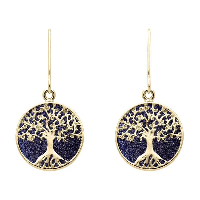 9ct Yellow Gold Blue Goldstone Round Tree of Life Drop Earrings sold by Jura Watches