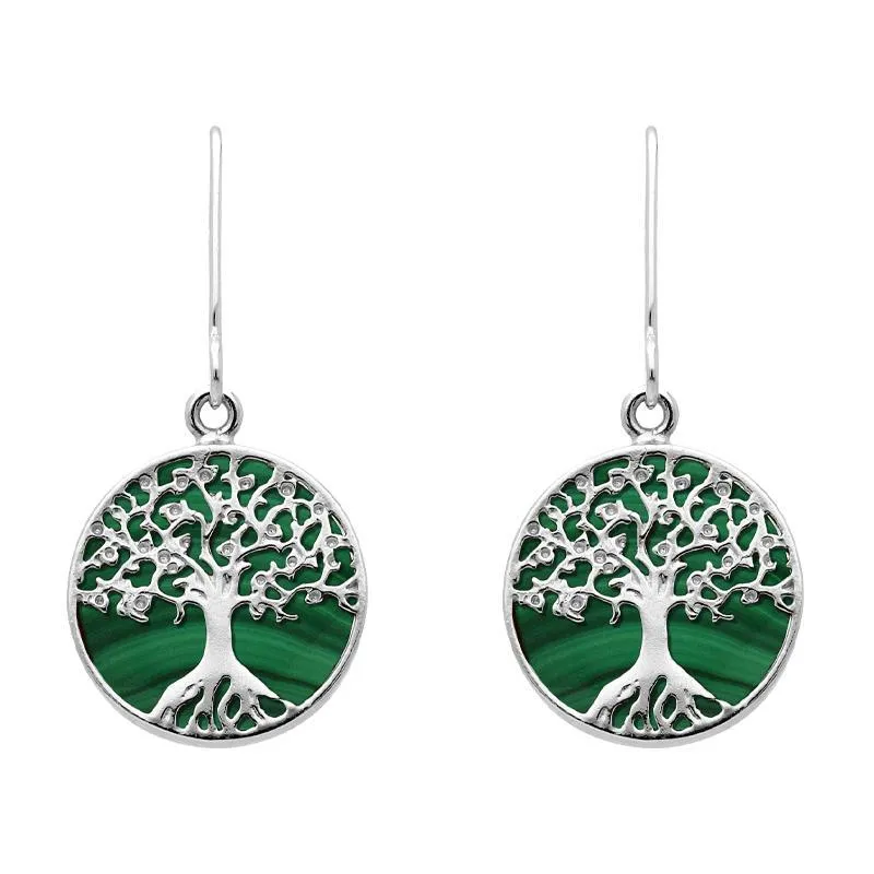 Sterling Silver Malachite Round Tree of Life Drop Earrings sold by Jura Watches