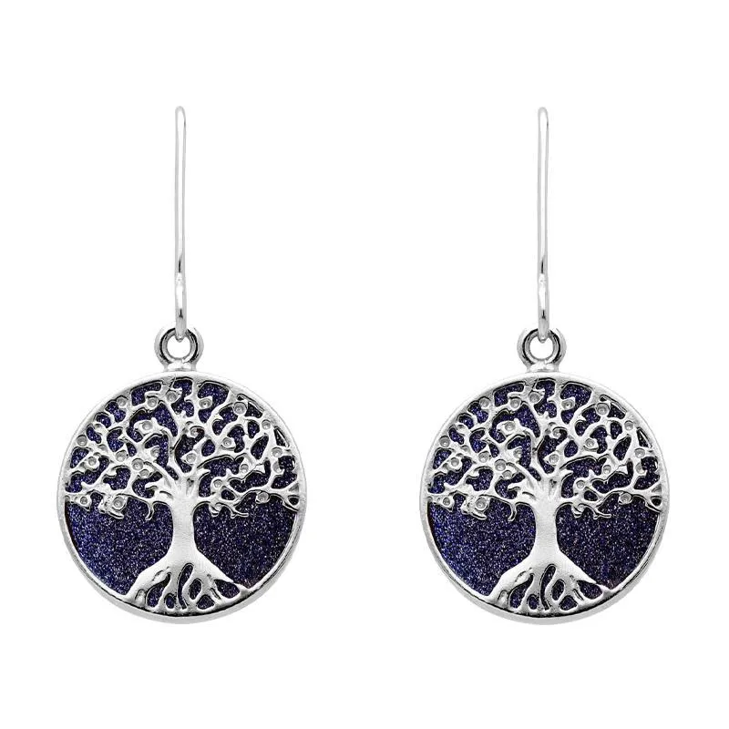 Sterling Silver Blue Goldstone Round Tree of Life Drop Earrings sold by Jura Watches