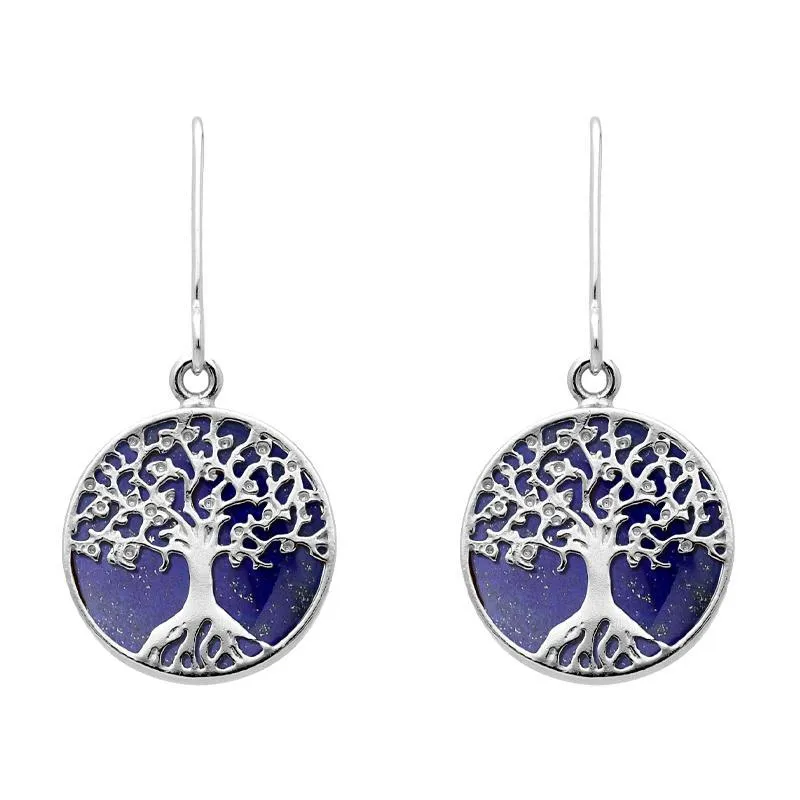 Sterling Silver Lapis Lazuli Round Tree of Life Drop Earrings sold by Jura Watches