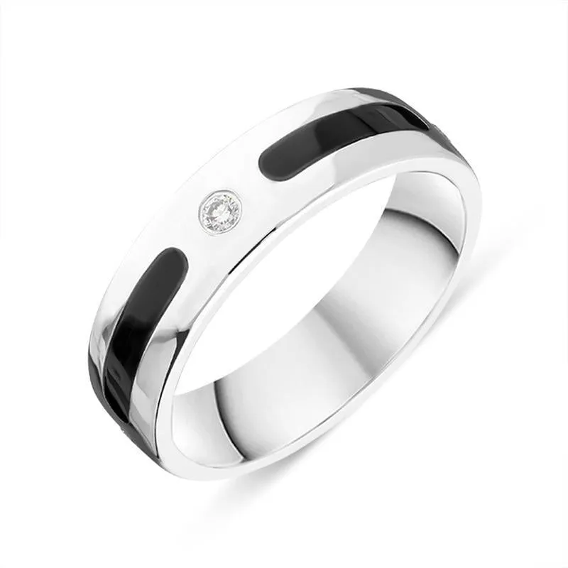 18ct White Gold Whitby Jet Diamond 6mm Patterned Wedding Band Ring sold by Jura Watches