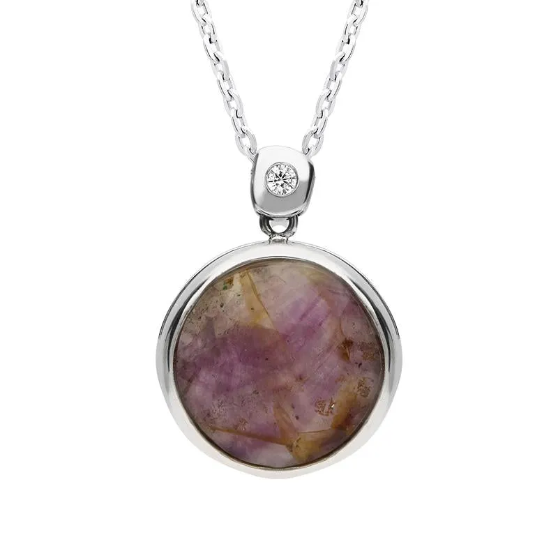 18ct White Gold Blue John and 0.05ct Diamond Faceted Round Necklace D sold by Jura Watches