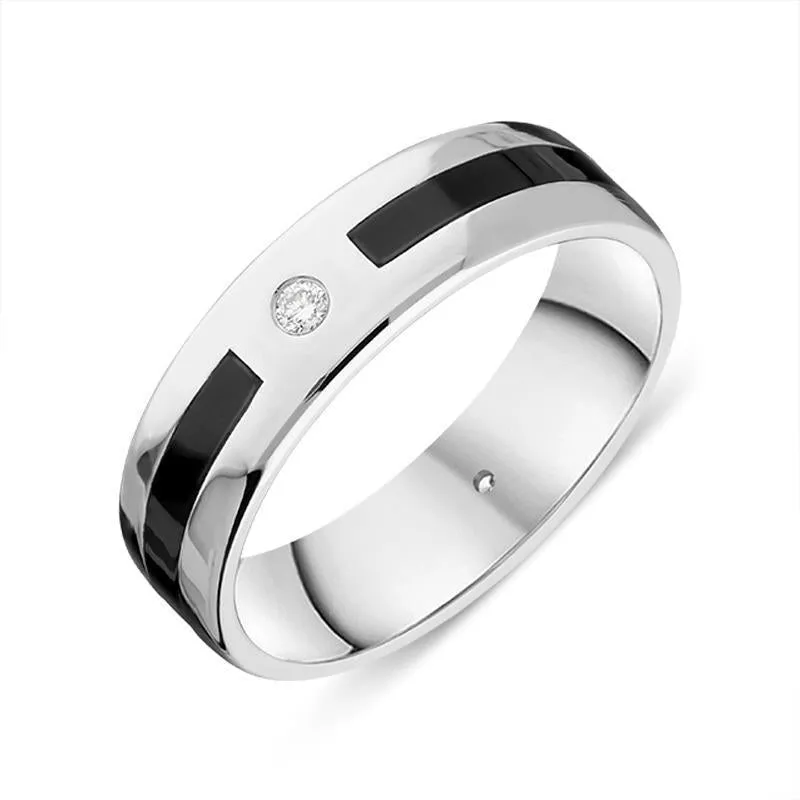 18ct White Gold Whitby Jet Diamond 6mm Patterned Wedding Band Ring sold by Jura Watches