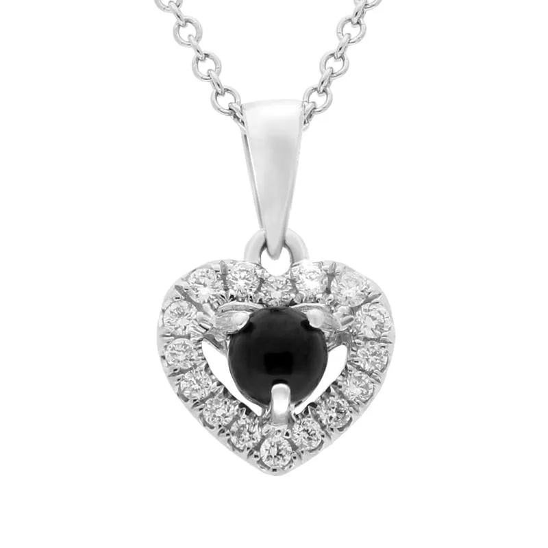 18ct White Gold Whitby Jet 0.13ct Diamond Claw Set Heart Necklace sold by Jura Watches