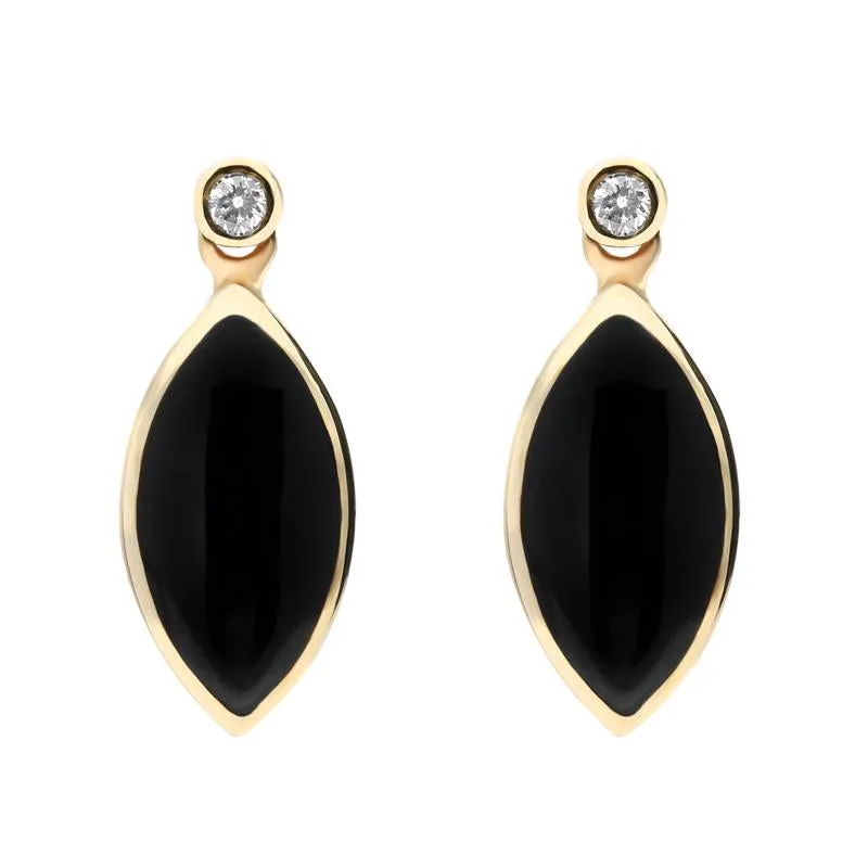 9ct Yellow Gold Whitby Jet Diamond Marquise Shaped Drop Earrings sold by Jura Watches