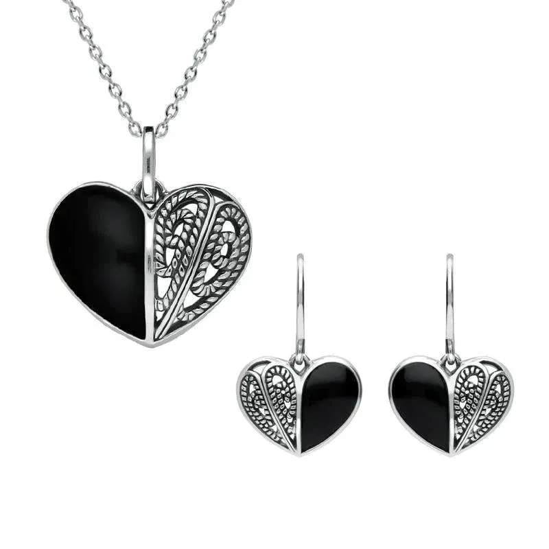 Sterling Silver Whitby Jet Half Stone Heart Two Piece Set sold by Jura Watches