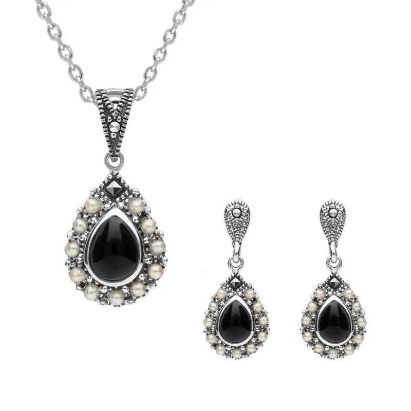 Sterling Silver Whitby Jet Marcasite Pearl Pear Drop Two Piece Set sold by Jura Watches