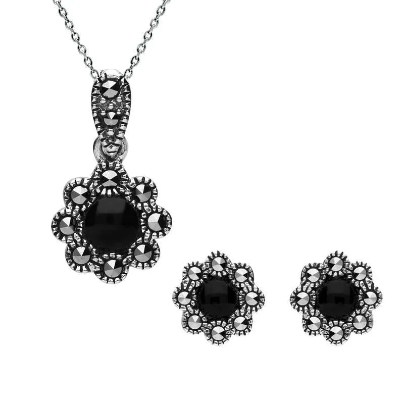 Sterling Silver Whitby Jet Marcasite Round Bead Edge Two Piece Set sold by Jura Watches