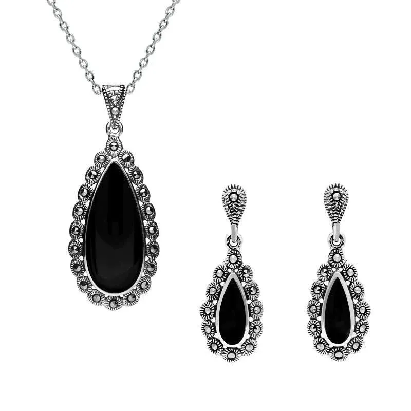 Sterling Silver Whitby Jet Marcasite Pear Two Piece Set sold by Jura Watches