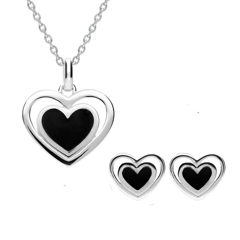 Sterling Silver Whitby Jet Heart In Heart Two Piece Set sold by Jura Watches