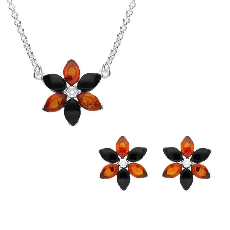 Sterling Silver Whitby Jet Amber Flower Two Piece Set sold by Jura Watches