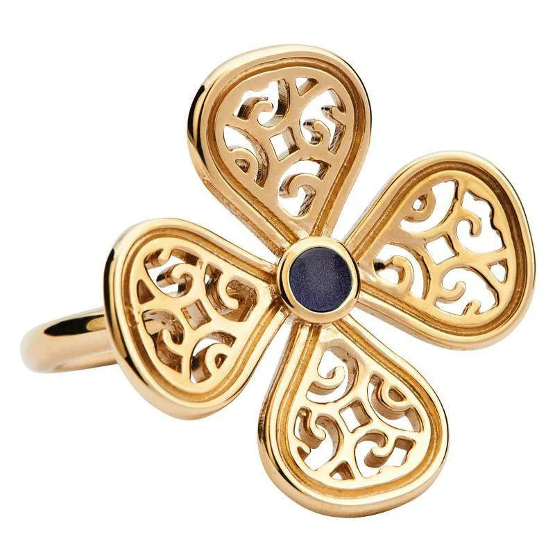 9ct Yellow Gold Blue Goldstone Flore Four Petal Filigree Ring sold by Jura Watches