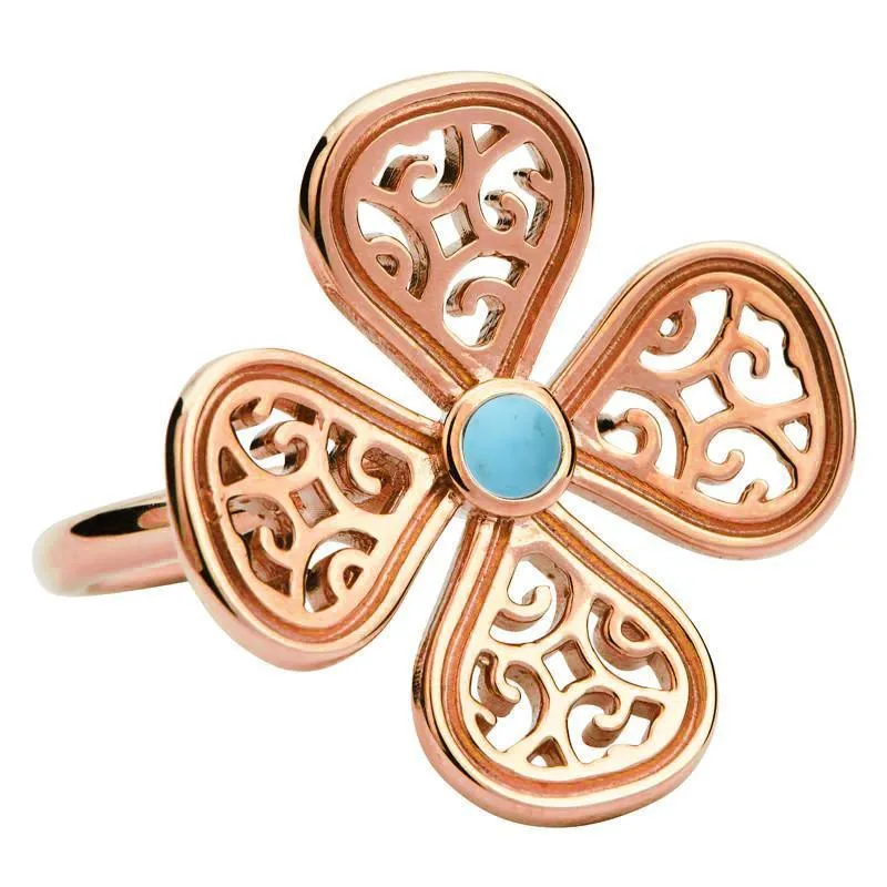9ct Rose Gold Turquoise Flore Four Petal Filigree Ring sold by Jura Watches