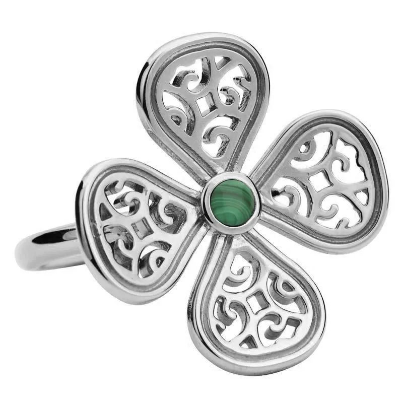 9ct White Gold Malachite Flore Four Petal Filigree Ring sold by Jura Watches