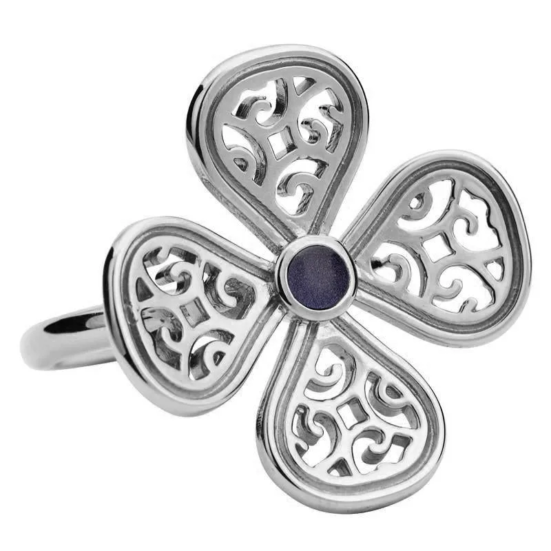 9ct White Gold Blue Goldstone Flore Four Petal Filigree Ring sold by Jura Watches