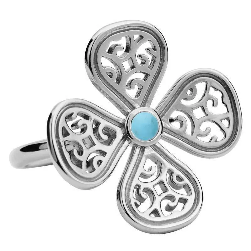9ct White Gold Turquoise Flore Four Petal Filigree Ring sold by Jura Watches