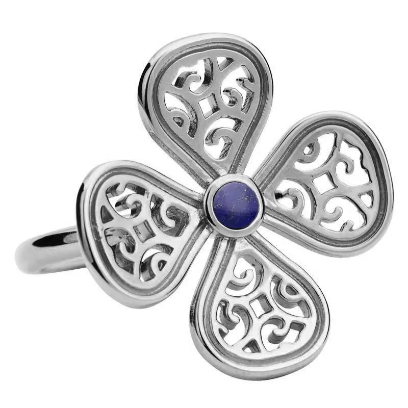 9ct White Gold Lapis Lazuli Flore Four Petal Filigree Ring sold by Jura Watches