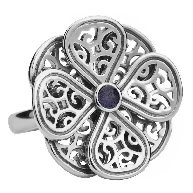 9ct White Gold Blue Goldstone Flore Eight Petal Flower Ring sold by Jura Watches