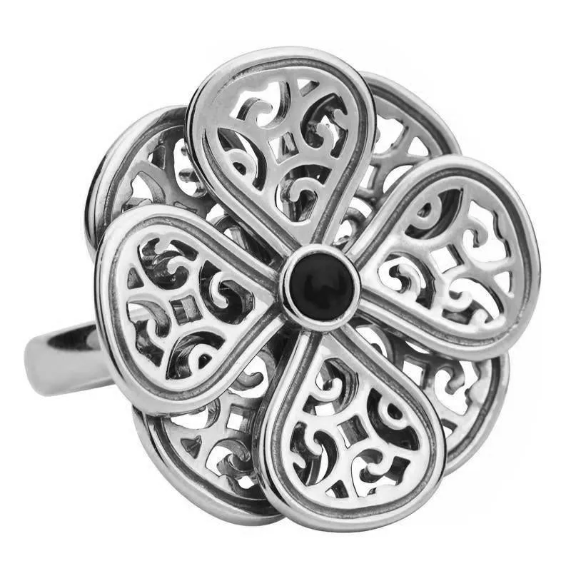9ct White Gold Whitby Jet Flore Eight Petal Flower Ring sold by Jura Watches