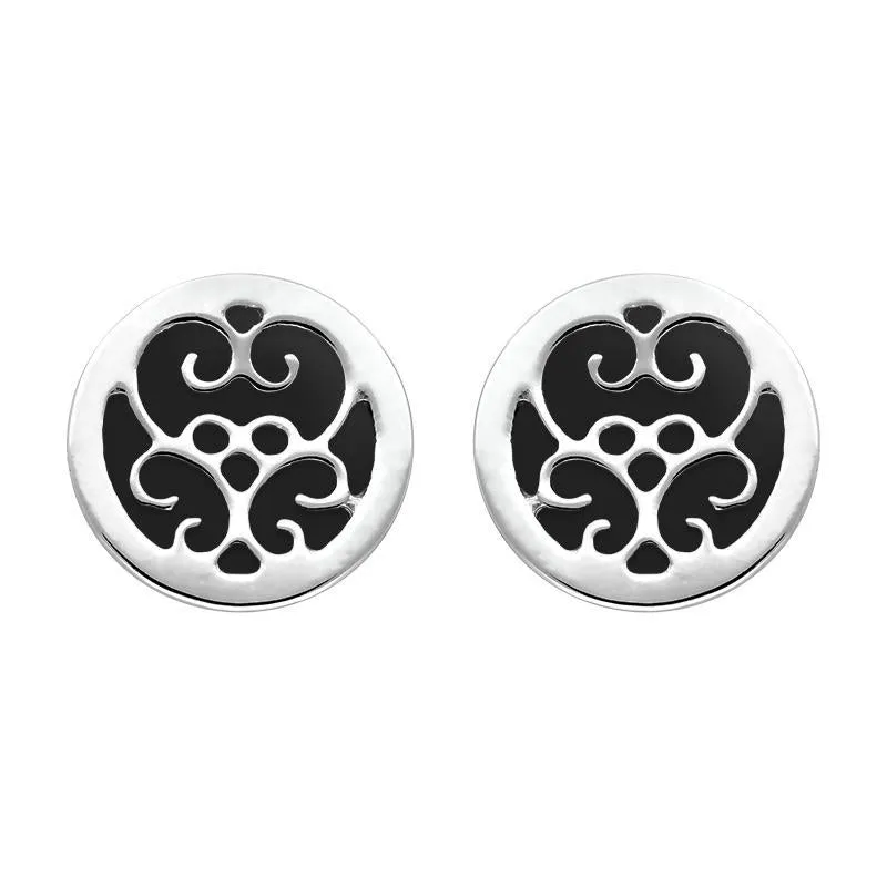 9ct White Gold Whitby Jet Flore Filigree Stud Earrings sold by Jura Watches