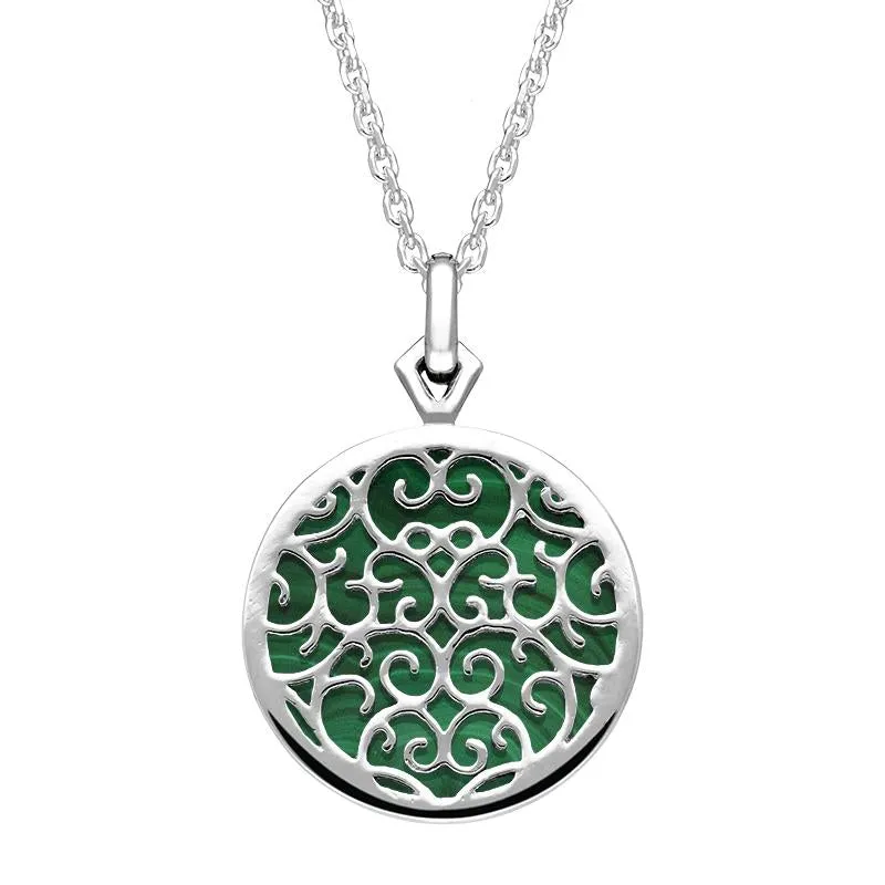9ct White Gold Malachite Flore Filigree Necklace sold by Jura Watches