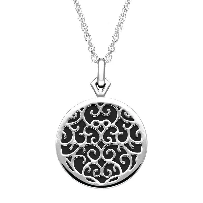 9ct White Gold Whitby Jet Flore Filigree Necklace sold by Jura Watches