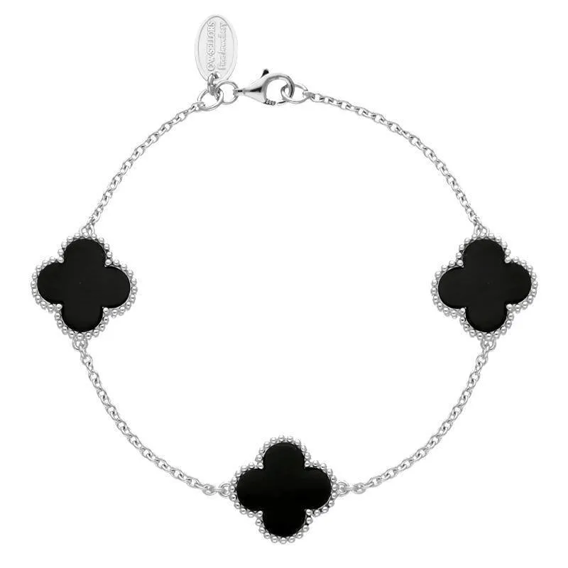 9ct White Gold Whitby Jet Bloom Four Leaf Clover Ball Edge Chain Bracelet sold by Jura Watches