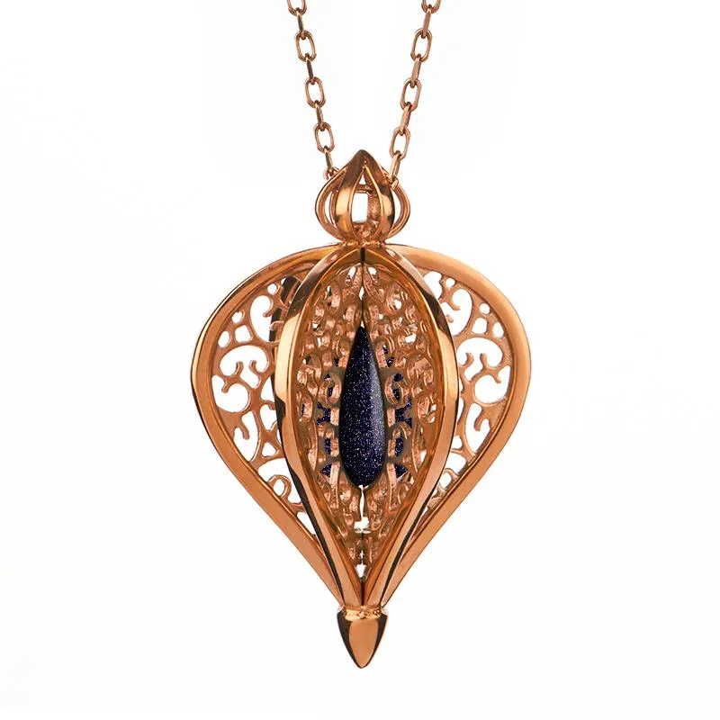 9ct Rose Gold Blue Goldstone Flore Filigree Small Necklace sold by Jura Watches