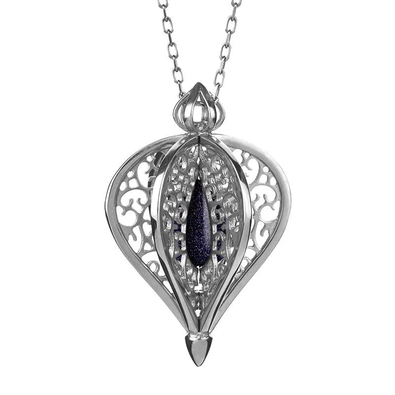 9ct White Gold Blue Goldstone Flore Filigree Small Necklace sold by Jura Watches