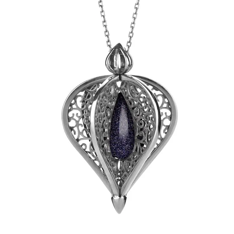 Sterling Silver Blue Goldstone Flore Filigree Droplet Necklace sold by Jura Watches