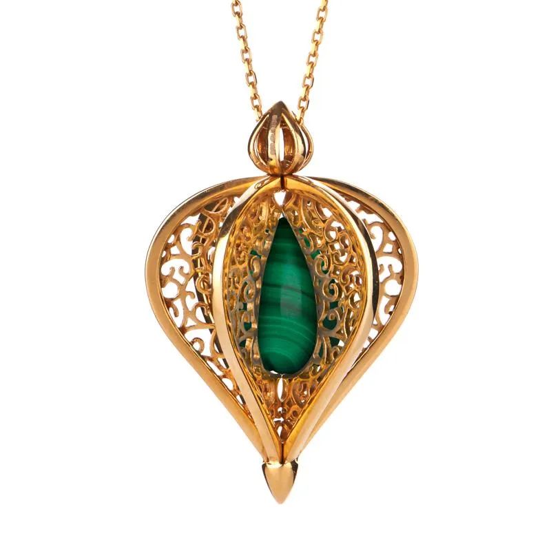Yellow Gold Plated Sterling Silver Malachite Flore Filigree Droplet Necklace sold by Jura Watches
