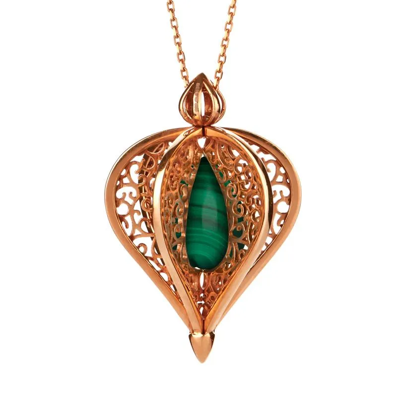 Rose Gold Plated Sterling Silver Malachite Flore Filigree Droplet Necklace sold by Jura Watches