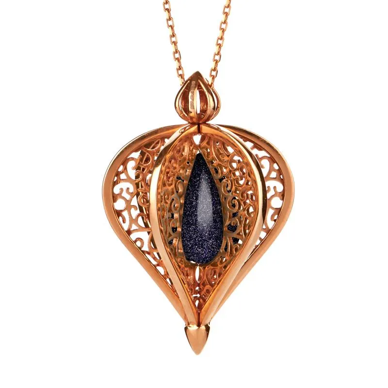Rose Gold Plated Sterling Silver Blue Goldstone Flore Filigree Droplet Necklace sold by Jura Watches