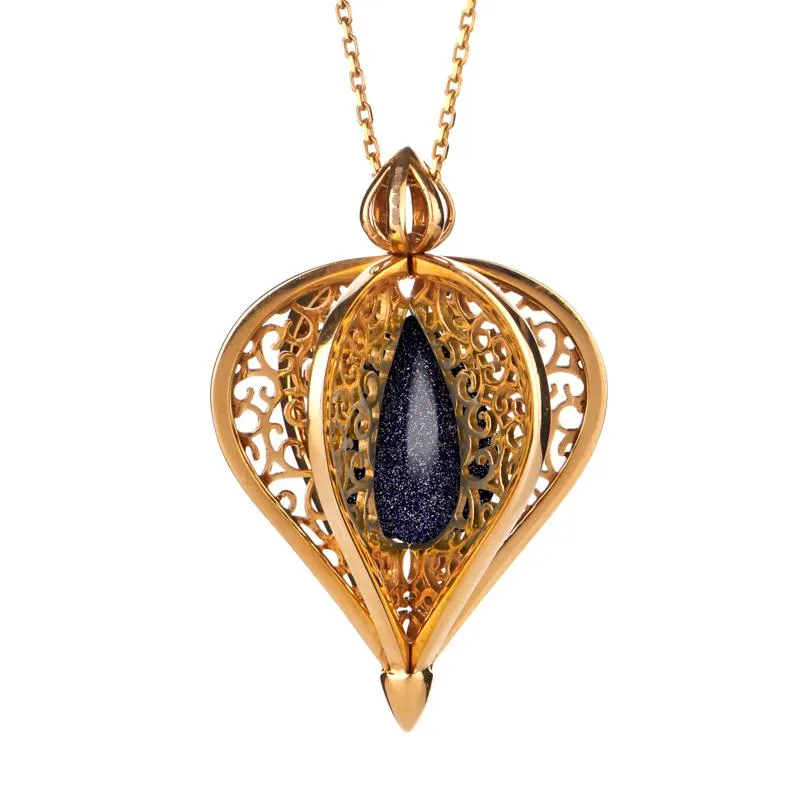 9ct Yellow Gold Blue Goldstone Flore Filigree Droplet Necklace sold by Jura Watches