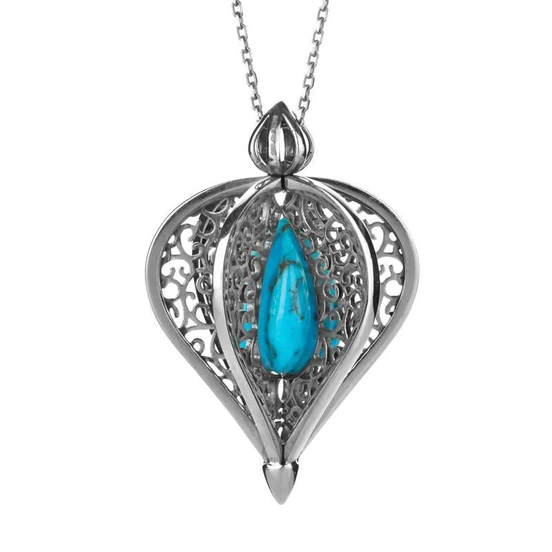 9ct White Gold Turquoise Flore Filigree Droplet Necklace sold by Jura Watches