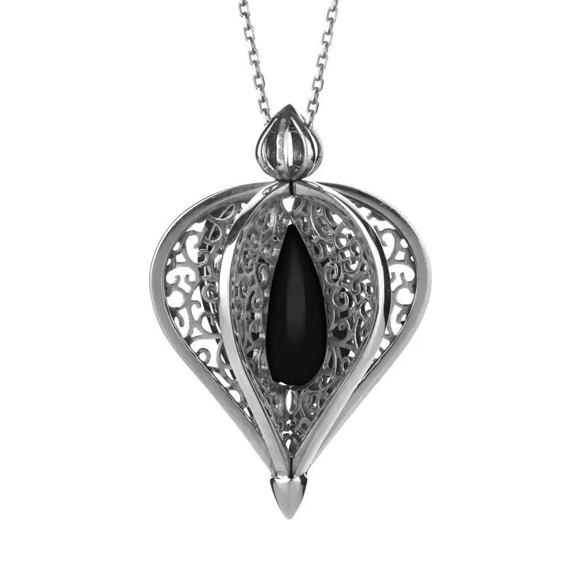 9ct White Gold Whitby Jet Flore Filigree Droplet Necklace sold by Jura Watches