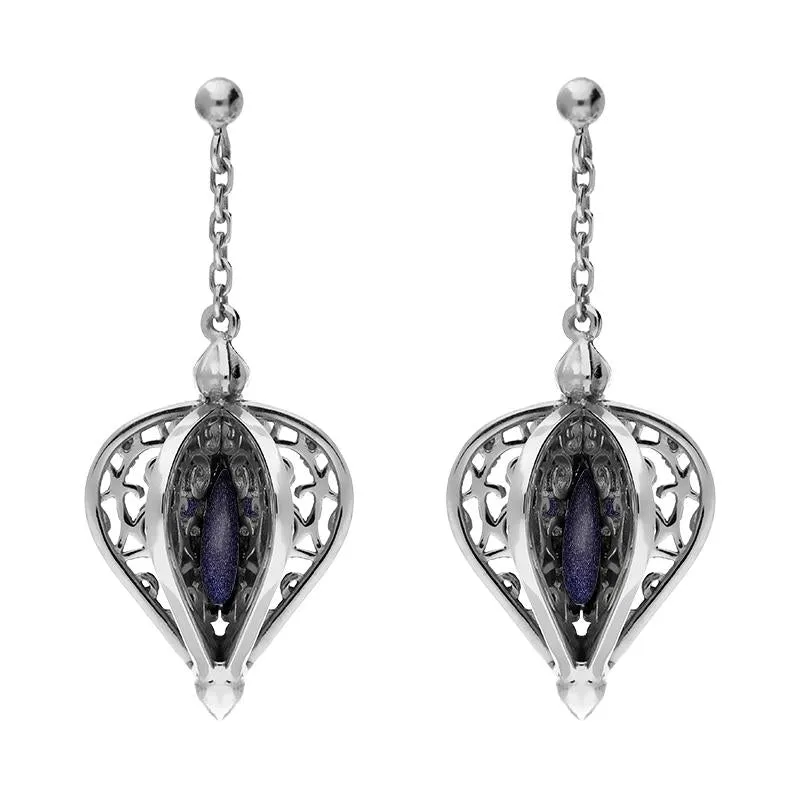 Sterling Silver Blue Goldstone Flore Filigree Drop Earrings sold by Jura Watches
