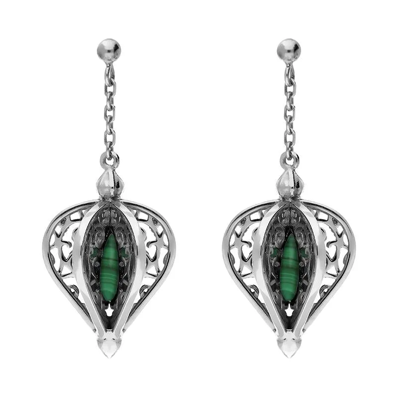 9ct White Gold Malachite Flore Filigree Drop Earrings sold by Jura Watches