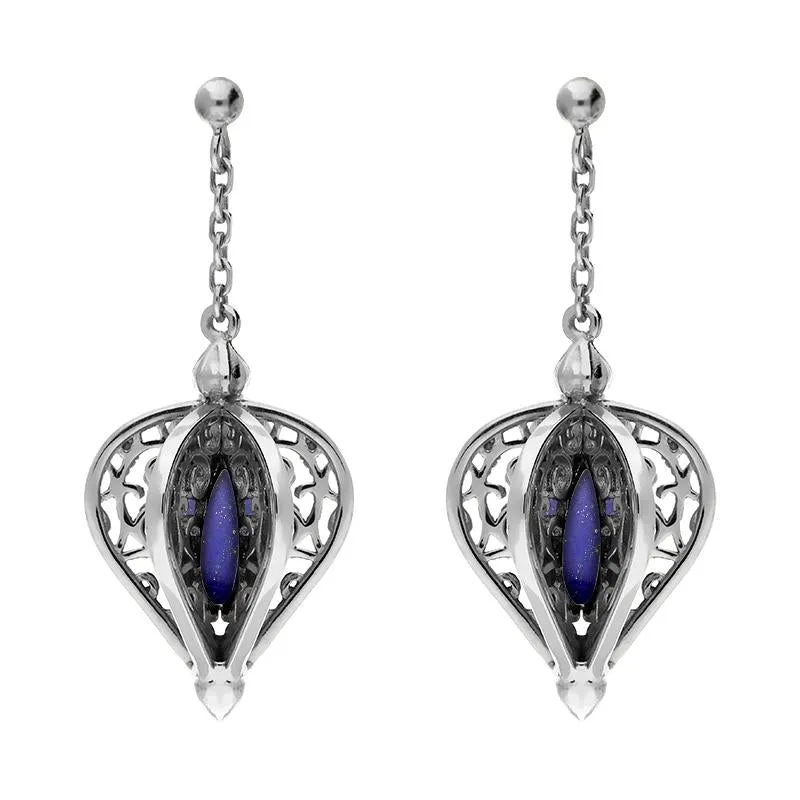 9ct White Gold Lapis Lazuli Flore Filigree Drop Earrings sold by Jura Watches