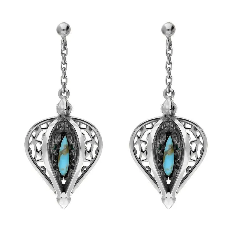 9ct White Gold Turquoise Flore Filigree Drop Earrings sold by Jura Watches