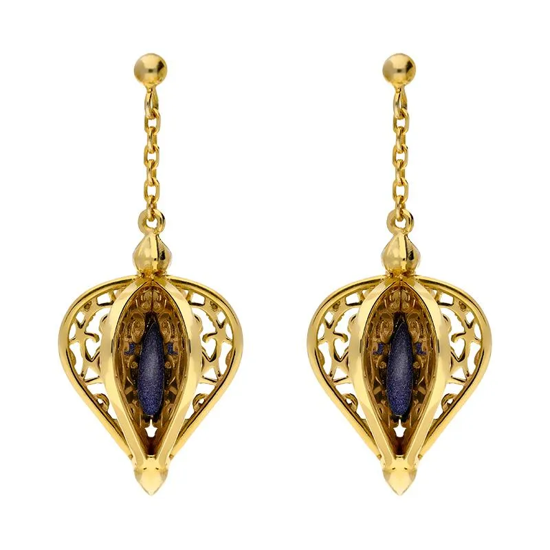 Yellow Gold Plated Sterling Silver Blue Goldstone Flore Filigree Drop Earrings sold by Jura Watches