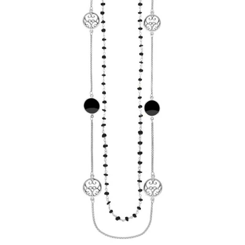 Sterling Silver Whitby Jet Flore Filigree Double Row Necklace sold by Jura Watches